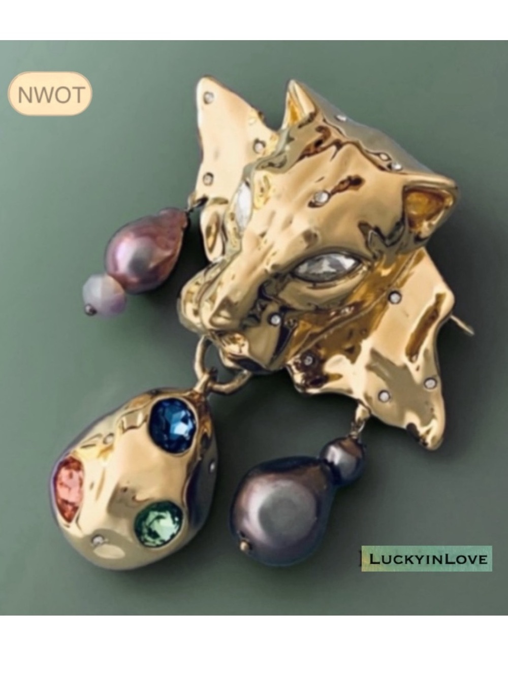 ALEXIS BITTAR • Gold Molten Crumpled Panther Head Green Rose Blue Pink Necklace